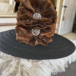 Elegant Black Wide-Brim Hat with Bronze Flower Accents